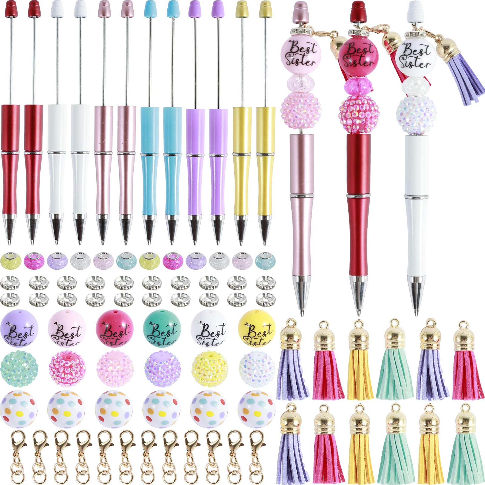 

12Pcs Beadable Pen Set Assorted Plastic Bead Pens with Colorful Beads and Spacer Beads Sister/Donut Themed DIY Beaded Pens