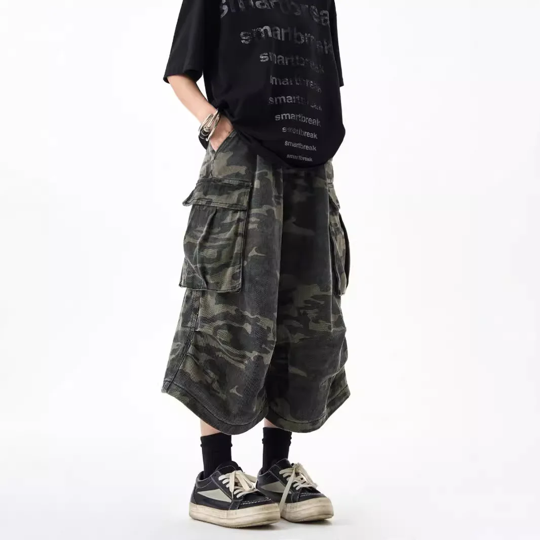 American retro camouflage tooling shorts summer loose big pocket casual wide-leg cropped pants straight-leg pants