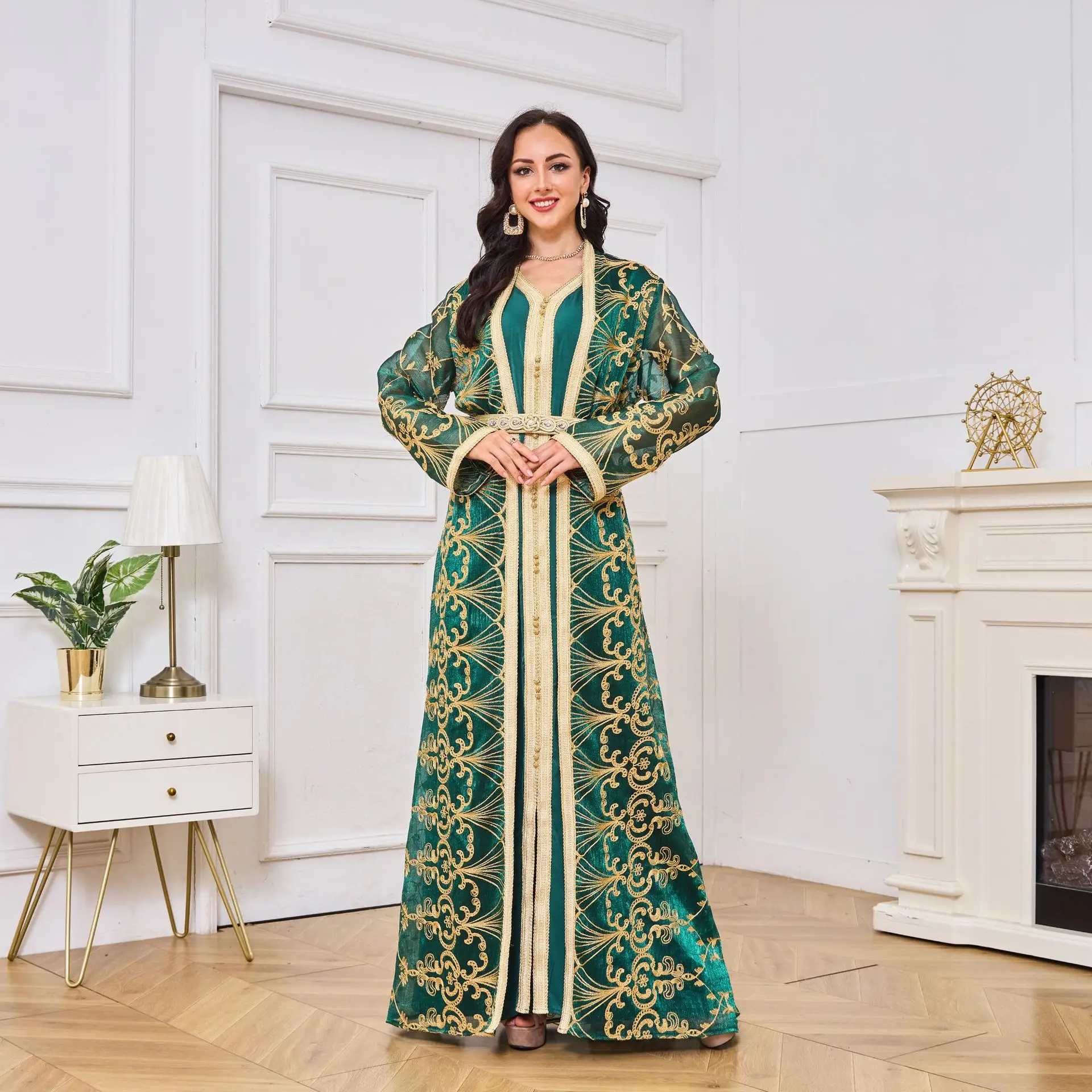 Mesh Embroidery Splicing Gold Ribbon Long Cardigan Twopiece Set Sleeveless Inner Dress Ruffled Middle Eastern Muslim Eid Al Fitr