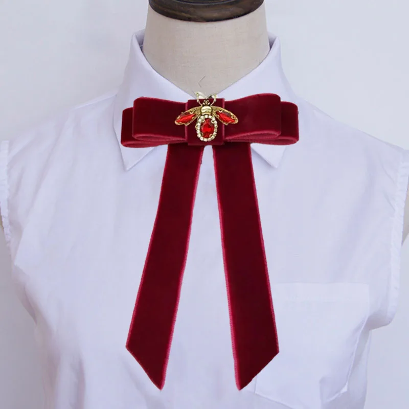 Retro Rhinestones Bee Velvet Bow Ties Brooch Badge Lolita Clothing Accessories Fashion Women's Shirt Sweater Collar Flowers Pins