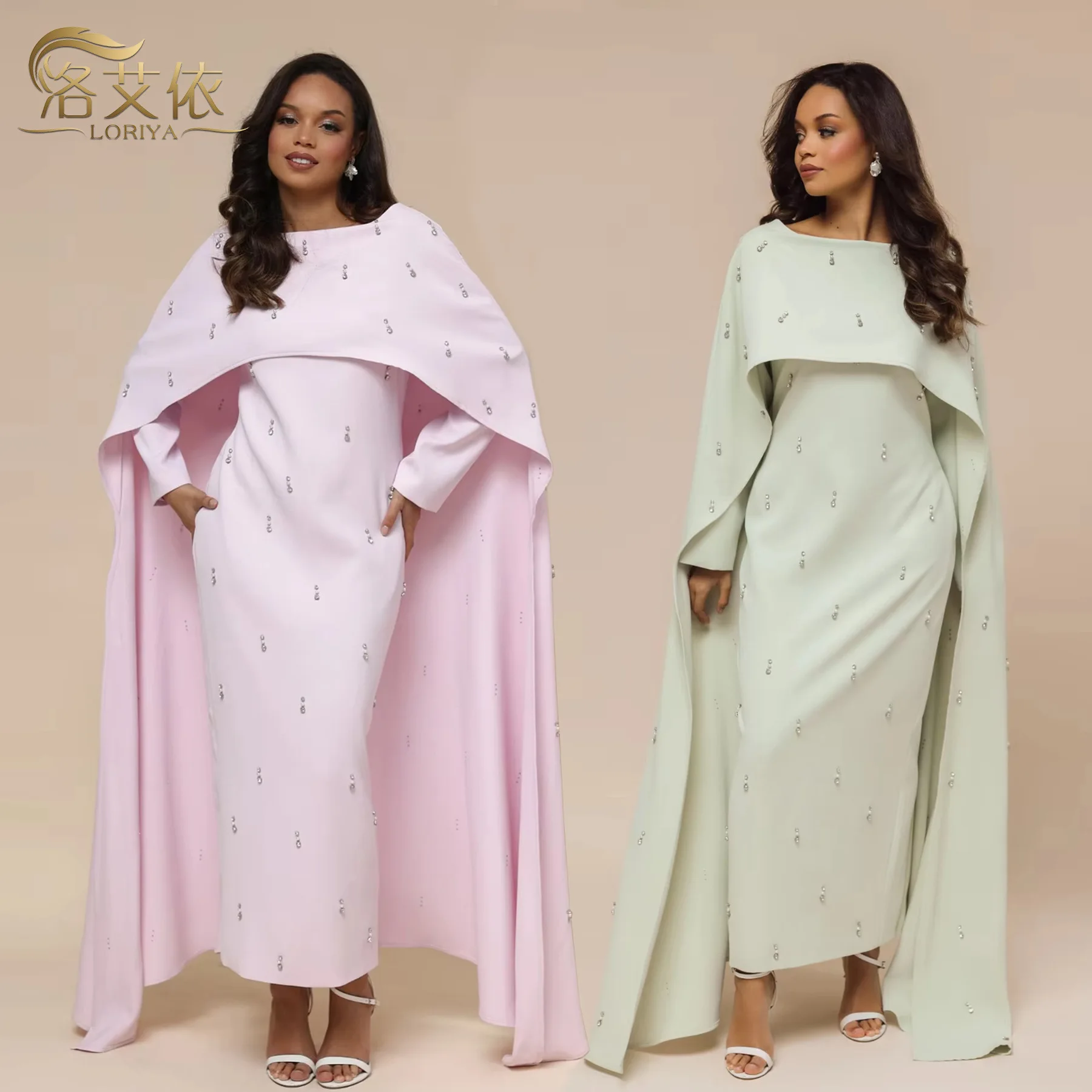 

Women Muslim Dubai Turkey Solid Color Beaded Dress Two-Piece Set Abaya Robe High Waist