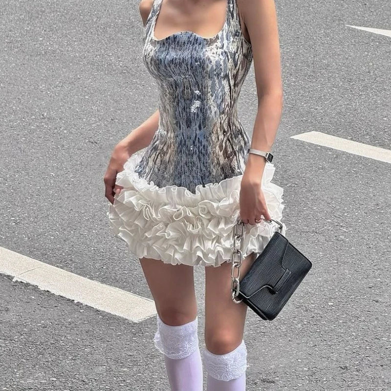 

Street Photography Trend Spicy Girl Sequin Pleated Cake Lace Dress for Women