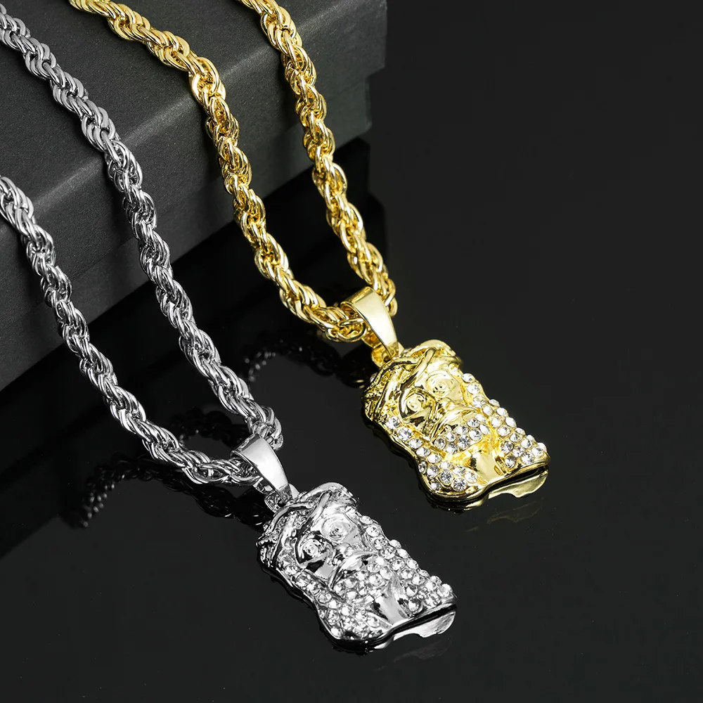 Men Hip Hop Jesus Piece Head Face Pendant Necklace With 4mm Rope Chain Shining Crystal Charm Pendants Jewelry Gift For Your Love