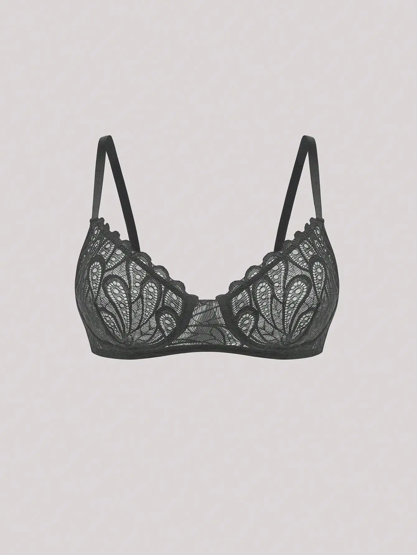Soutien-gorge sans fil en dentelle paon française, ultra fin, transparent, sans rembourrage, bralette à col en V festonné, bretelles fines réglables, lingerie sans couture