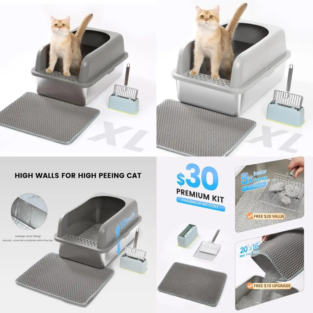 

Очень большой металлический ящик для кошачьего туалета для больших кошек — XL из нержавеющей стали с крышкой и лопаткой, высокосторонний для удобного обслуживания