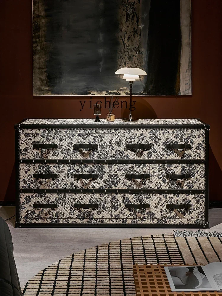 French retro printed side cabinet, leather side cabinet of drawers, storage, porch, six-chest cabinet