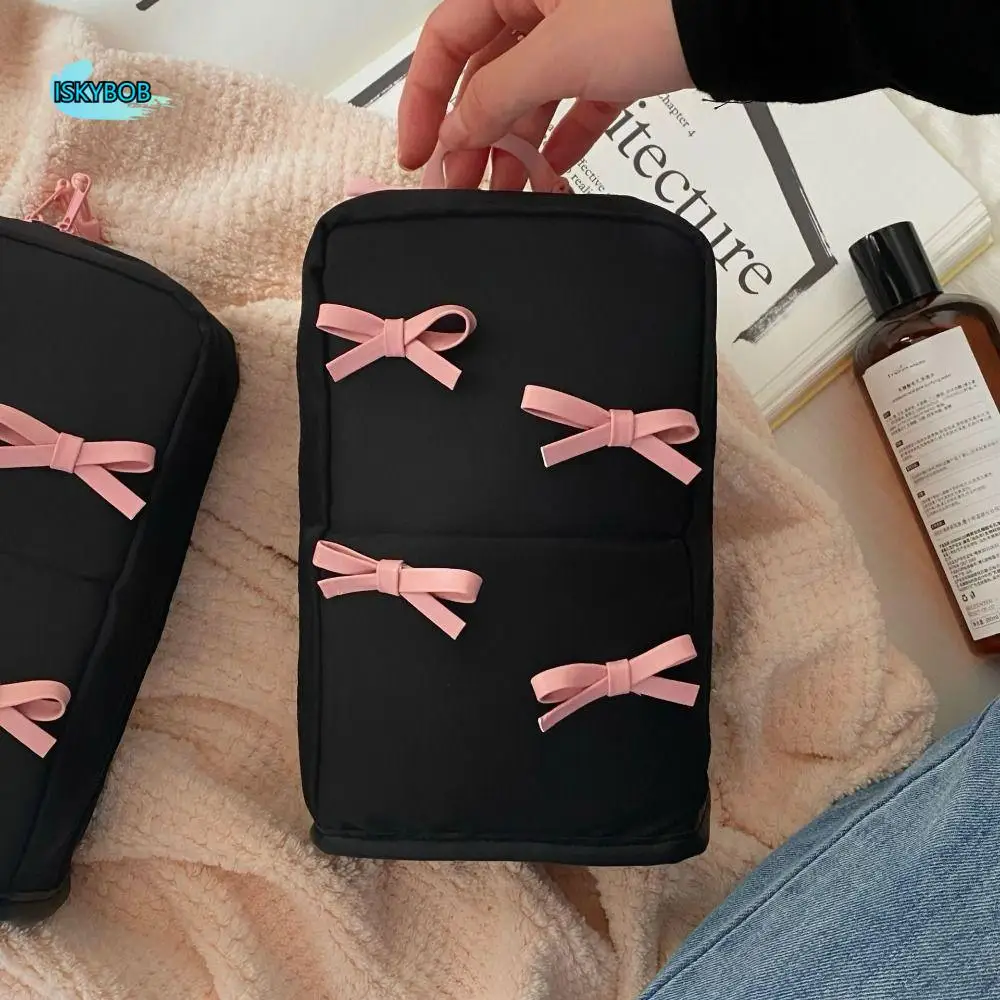 

Pink Bowknot Nylon Vertical Makeup Bag Pencil Case Large Capacity Bow Cosmetic Bag Makeup Brush Storage Multifunctional