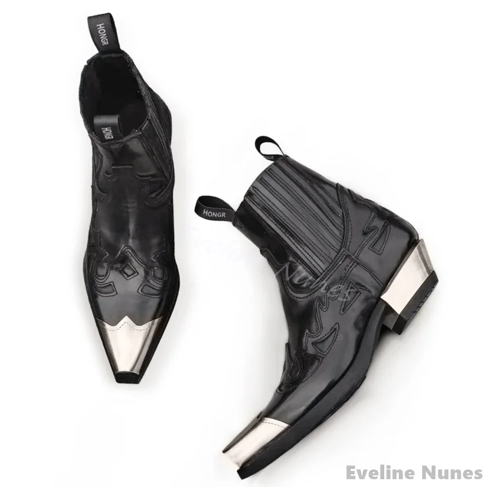 Retro Iron Head Thick Bottom Chelsea Boots Women Square Toe Splicing Black Leather Stretch Boots 2024 New Autumn Punk Ankle Boot