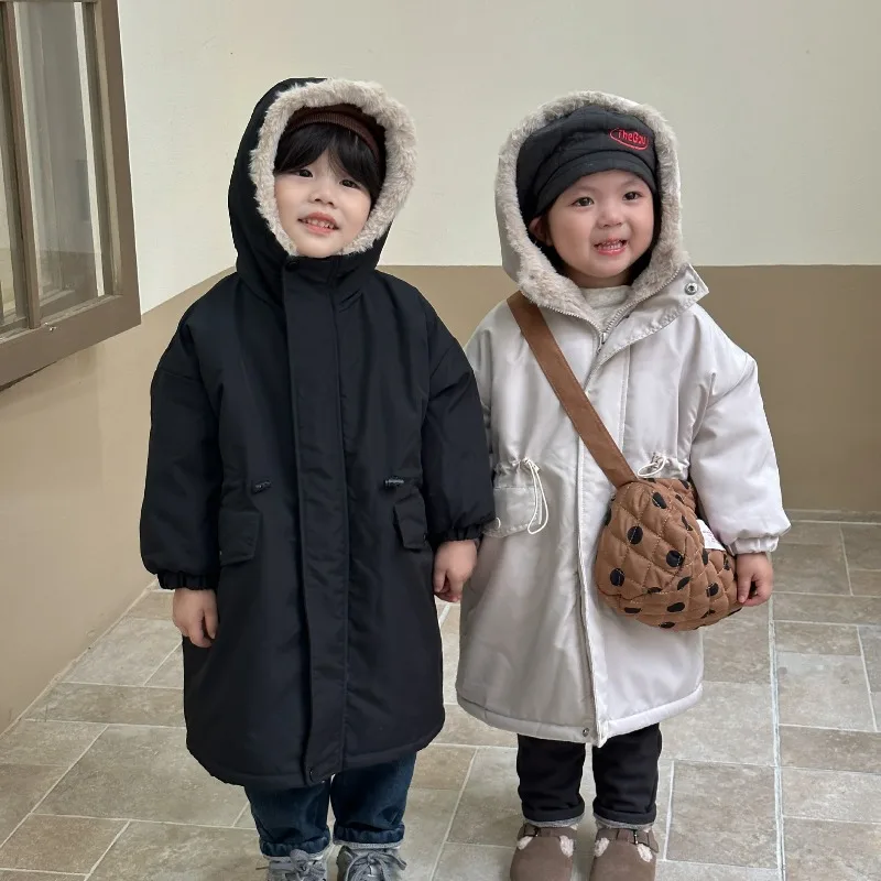 2025 Winter Kids Mid-length Parkas Jacket 1-8 Y Fashion Boys Plush Velvet Hooded Coat Korean Loose Girls Thick Warm Outerwear