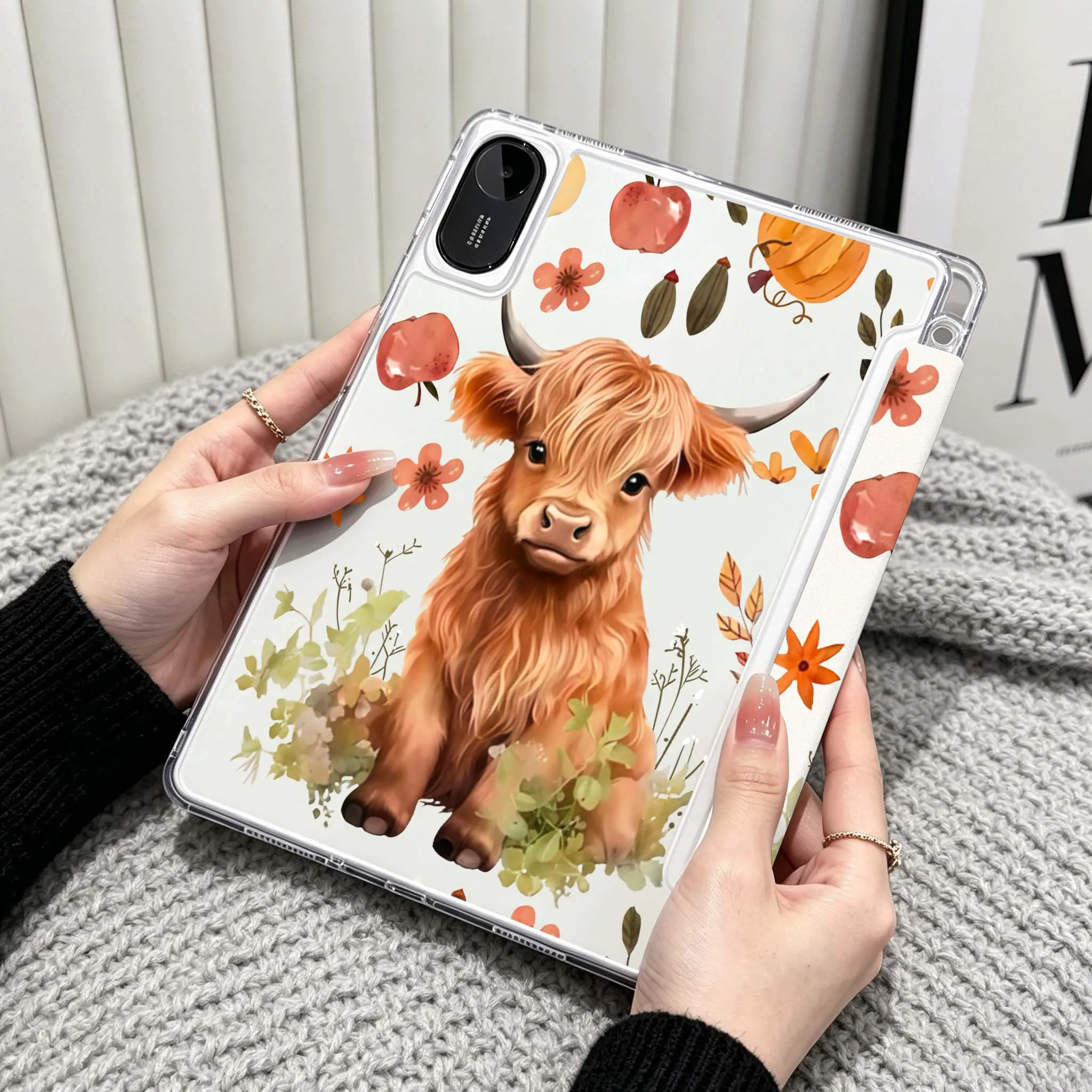 Animal Cow Autumn Case For Xiaomi Redmi Poco Pad 5 6 7 8 Pro SE 11 11.2 12.1 Inch Transparent Y-Shaped Folding Tablet