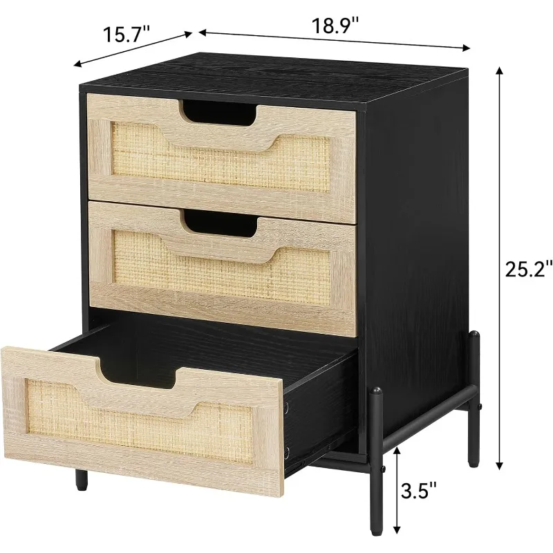 Nightstand, Rattan End Table, Nightstands with 3 Natural Rattan Drawers, Strong Support Wooden Structure, Side Table with Storag