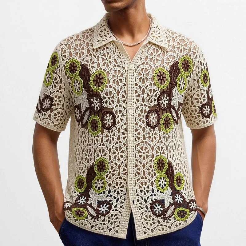 Mens Sexy Mesh Crochet Cardigans Summer Short Sleeve Polo Shirts Breathable Knitted Hollow Out Shirts Beach Vacation Tops SY0067