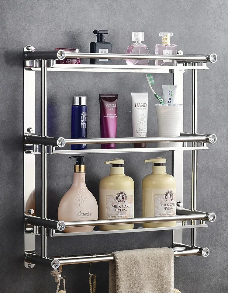 Biumart Two Tier Wall Mounted Bathroom Rack Stainless Steel Hanging Rack Shampoo Storage Organizer Towel Rack With Hoo