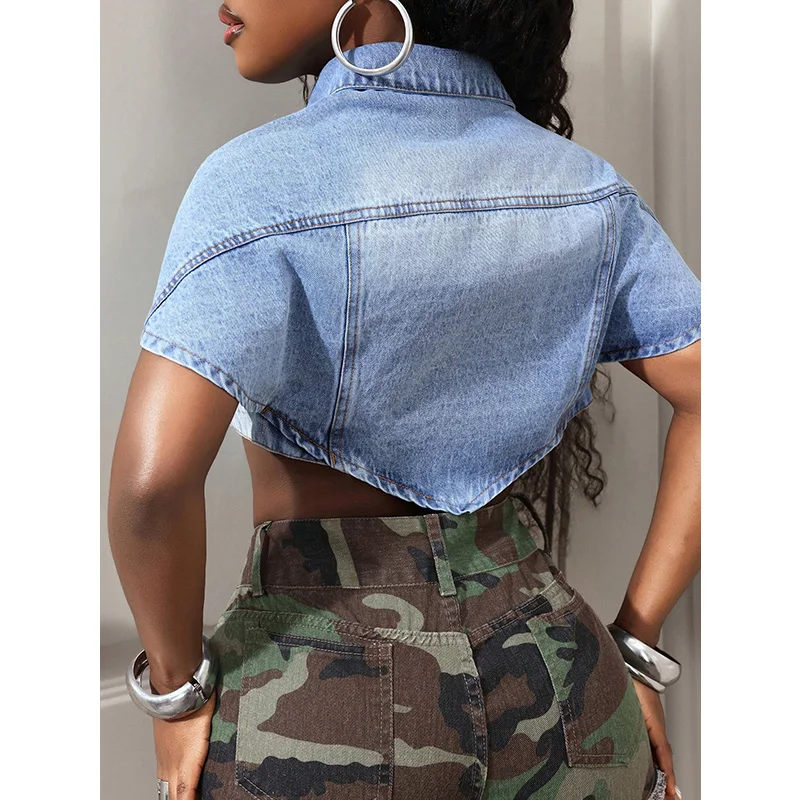 Benuynffy Batwing Sleeve Crop Denim Jacket Women's Summer Vintage Single Breasted Casual Streetwear 2000s Female Jeans Top view 2