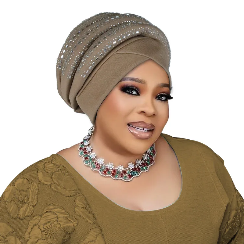

African Auto Gele Headtie Diamonds Turban Cap Cross Hijab Hat for Women Muslim Bonnet Turbante Head Wrap Nigeria Wedding Party