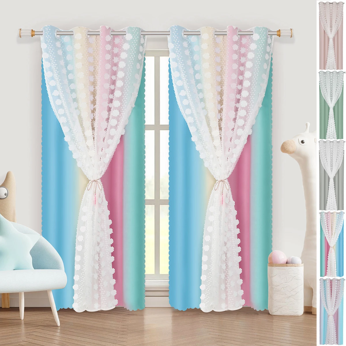 1/2Panel Blackout Curtain Double-Layer Pompom Grommet Eyelet Top Blackout Drape Voile Tulle Window Blind for Bedroom Living Room