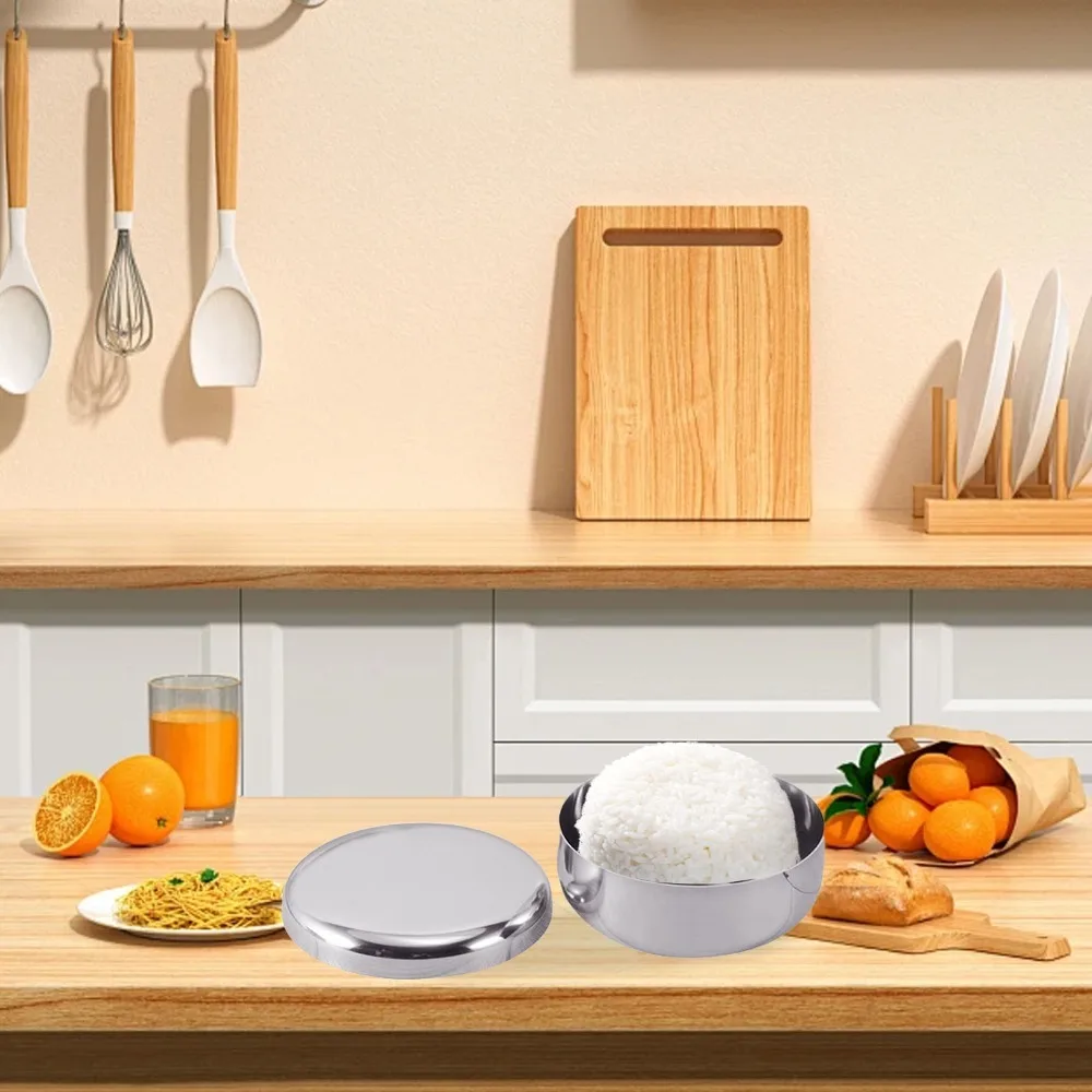 Anti-rust Rustless Steel Rice Bowl with Cover Smooth Dinner Bowl Round Deep Bowl Polished Inner Wall Food Container Refrigerator