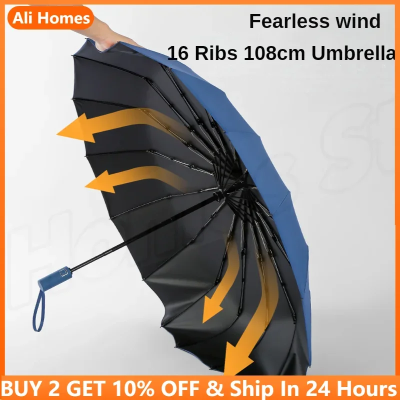 16 Ribs Large Umbrella Strong Fully Automatic Sunshade Rain Business Umbrella Men Women Luxury Male Windproof 3Folding Umbrellas