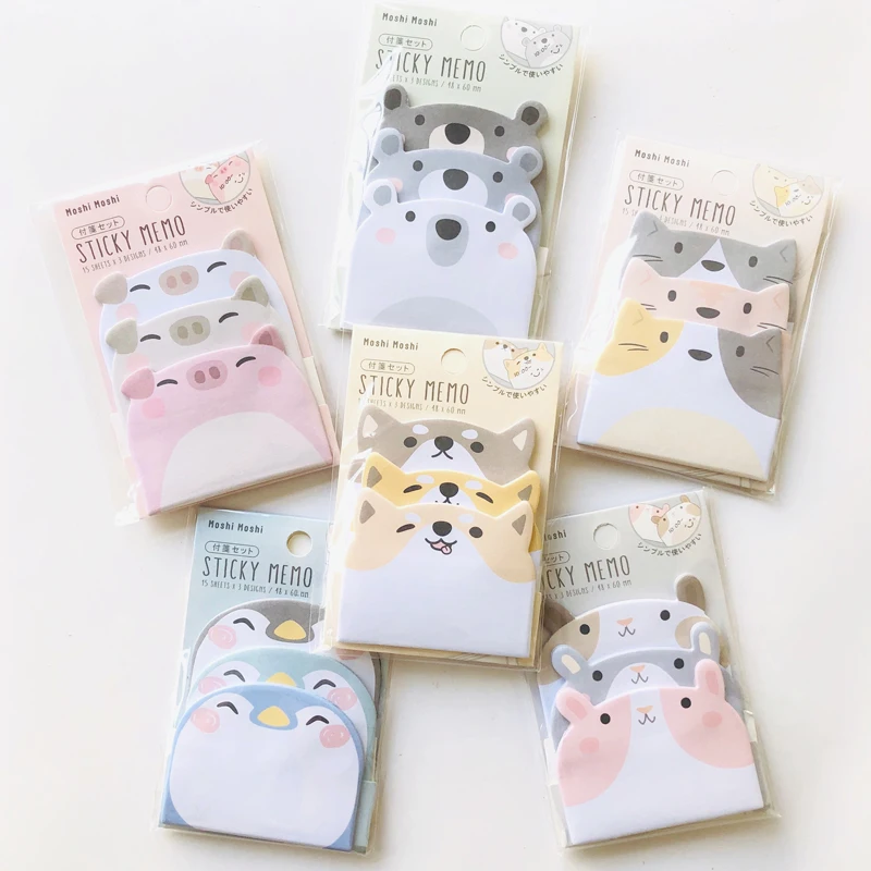 45Sheets/Pack Cartoon Sticky Notes Kawaii Penguin Pig Bear Cat Memo Pads Sticker Student Gifts Stationery School Office Supplies