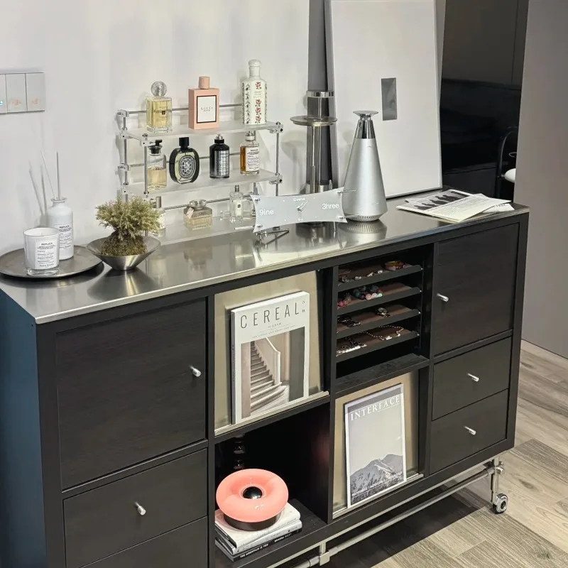 Stainless steel countertop, dining side cabinet, living room floor with wheels, removable bookshelf, storage rack, storage cabin