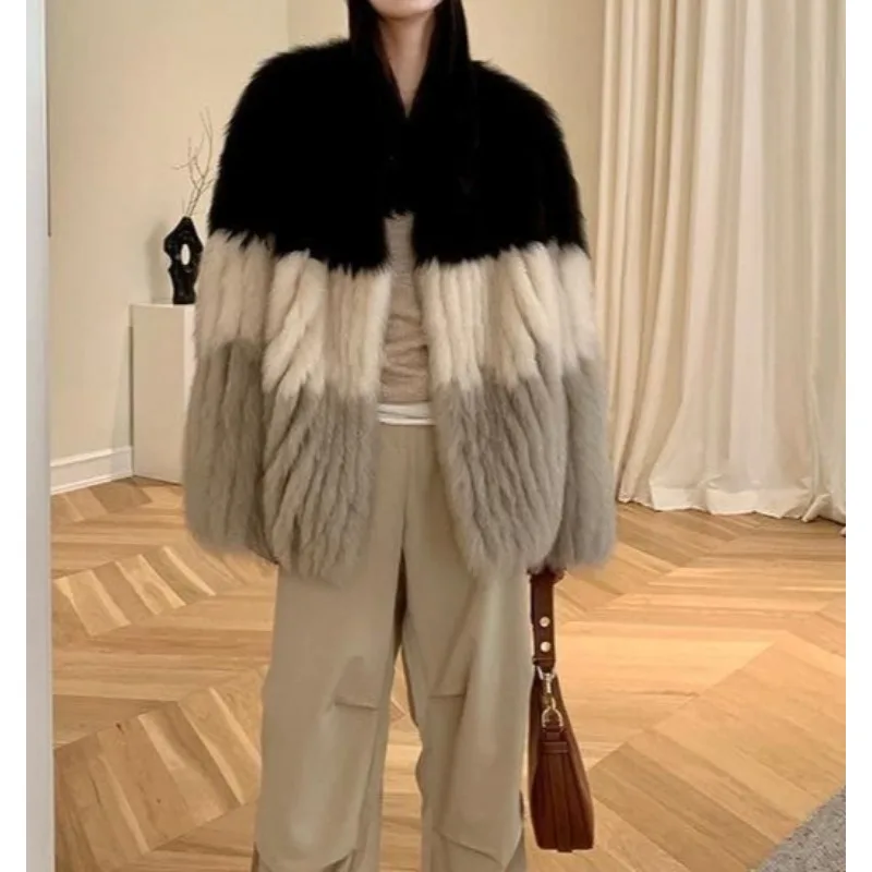 2025 Autumn and Winter New Fox Fur Coat Women's Color Matching Words Environmentally Friendly Wool Coat Thickened Temperament