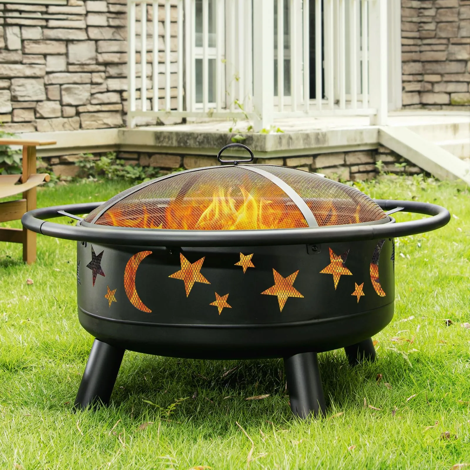 32 Inch Round Fire Pit with Mesh Cover, Fire Poker, Star and Moon Design, Metal Wood Burning Outdoor Firt for Patio
