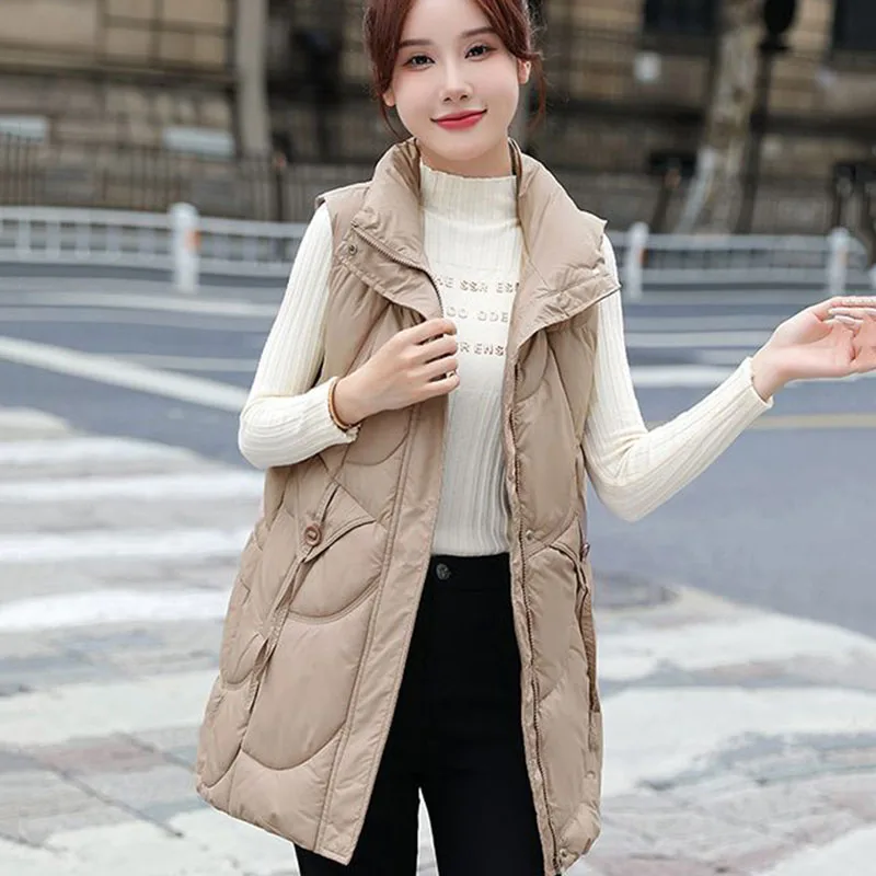 

New Women's Down Cotton Waistcoat Autumn Winter Long Stand Collar Cotton Vest Coat Female Warm Padded Vests Outerwear Zipper