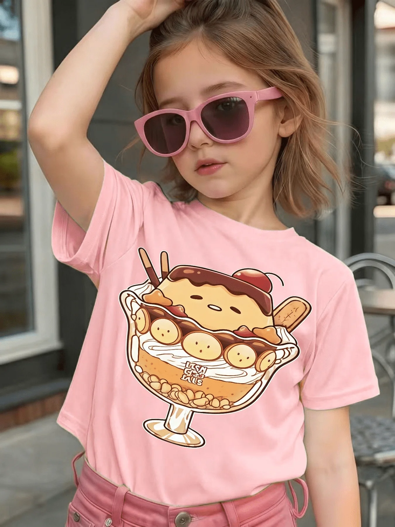 Cute Cartoon Ice Cream Sundae Dessert Graphic Kids Tee Boys Girls Family Matching Cotton Crew Neck Short Sleeve Soft Summer Tee
