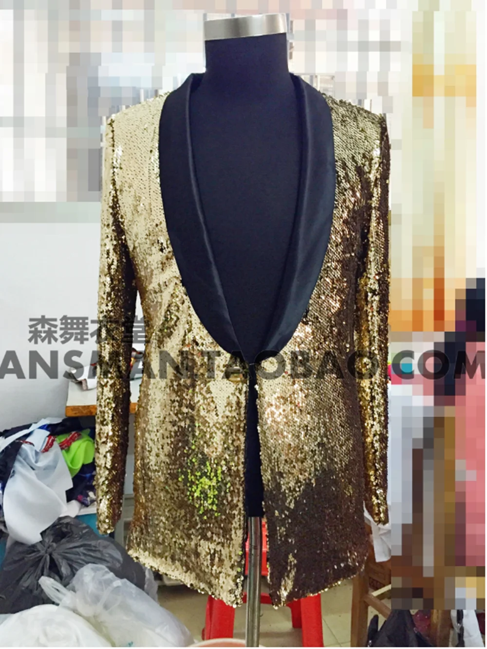 

New European And American Nightclub Bar DJ Singer Champagne Gold Sequins Long FashionJacket Men's Casual Performance Wear