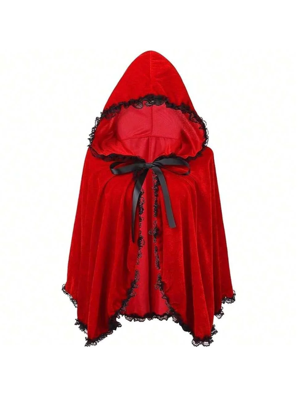 

Red Hooded Cloak with Lace Trim Performance Costume for Halloween And Christmas Short Red Shoulder Wrap Fairy Tale Little Red Ri