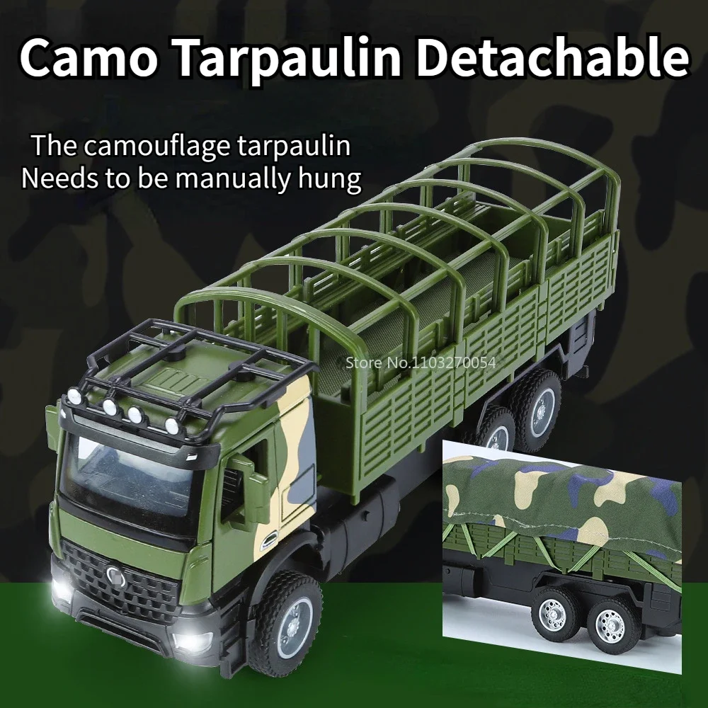 1/35 Toy Model Car Military Transport Alloy Truck Simulation Metal With Sound And Light Pull Back Kids Toys Boy Gifts Collection