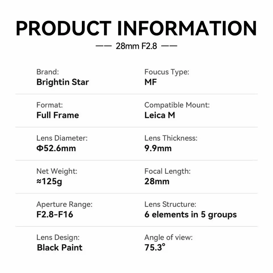 برايتن ستار 28 ملم F2.8 عدسة كاملة الإطار لايكا M M3 M6 M9 M10R M240 M11 أحادية اللون #6