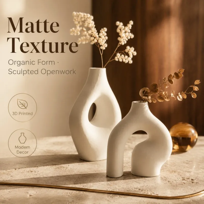 ：Bend Ring Isle Hollow Matte White Sculpture Vase Decor Matte 3D Printed PLA Material Mid-century Wabi Sabi Style for Travertine