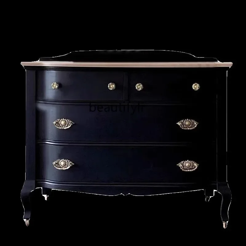 D178 Y French retro solid wood black drawer cabinet neoclassical drawer storage cabinet living room decorative cabinet