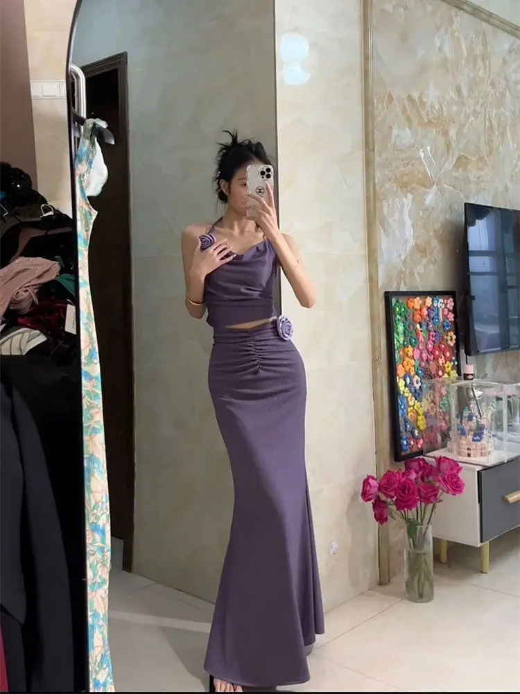 Retro Two-Piece Satin Dress Rose Charm Sets Summer Women Halter Camisole+Wrapped Long Skirts Elegant Party Full Dress 2024 New