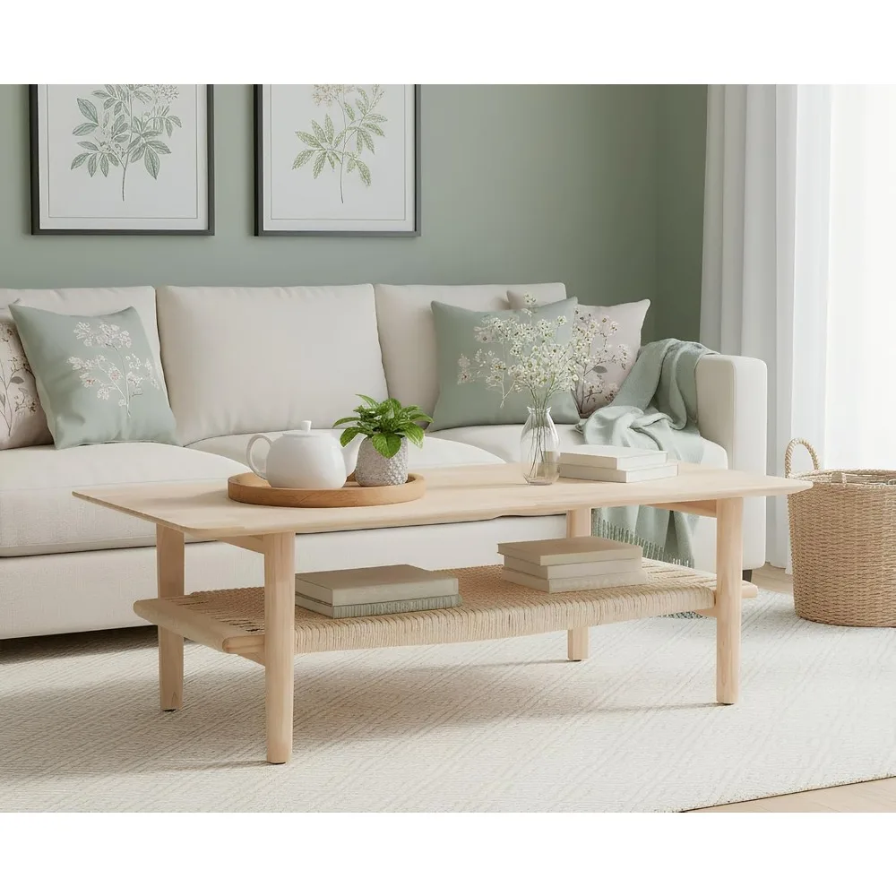 

Farmhouse Coffee Table Rectangular Living Room Table with Rattan Storage Solid Wood Center Table for Apartment, Home