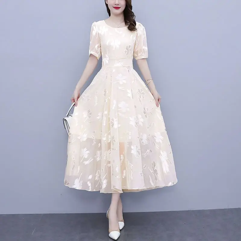 Women Summer Fashion Temperament Printing Chiffon O-neck Short Sleeve Corset Floral Dress Ladies Casual Appear Thin Long Dress