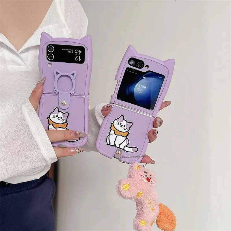 Embroidered Cat Phone Case for Samsung Galaxy Z Flip 6 5 4 3 Protective Back Cover for ZFlip4 ZFlip5 ZFlip6 Case