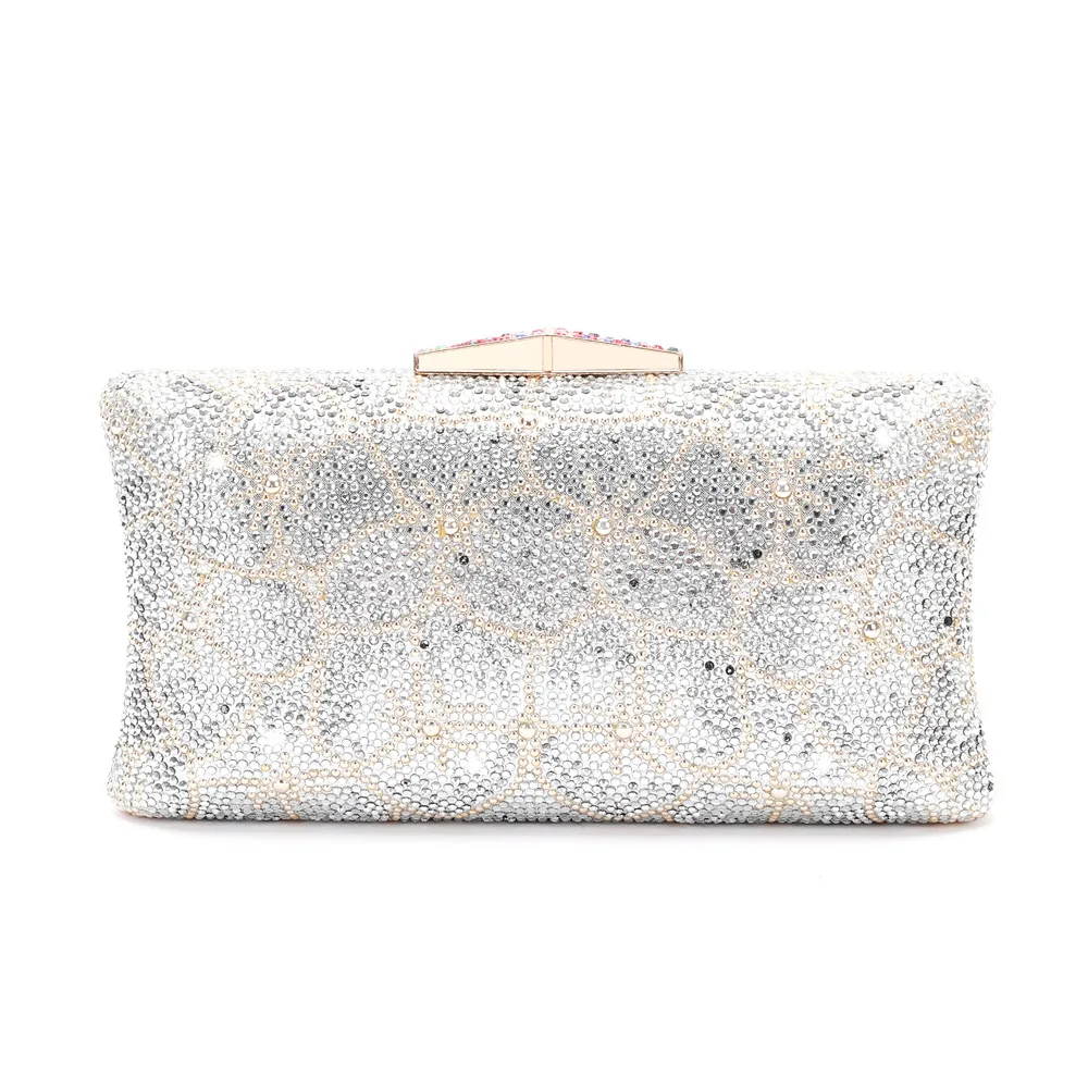 Ladies Dinner Bag Crystal Diamond Flower Veneer Hot Diamond Banquet Party Rectangle Chain Clutch Bag Trendy Snap Closure Handbag