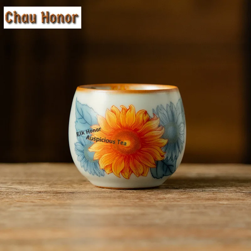 105ml Ru Kiln Sunflower Bouquet Mouth Teacup Ancient Tea Bowl Water Jug Tea-tasting Fragrance Cup Jianzhan Master Cups Drinkware