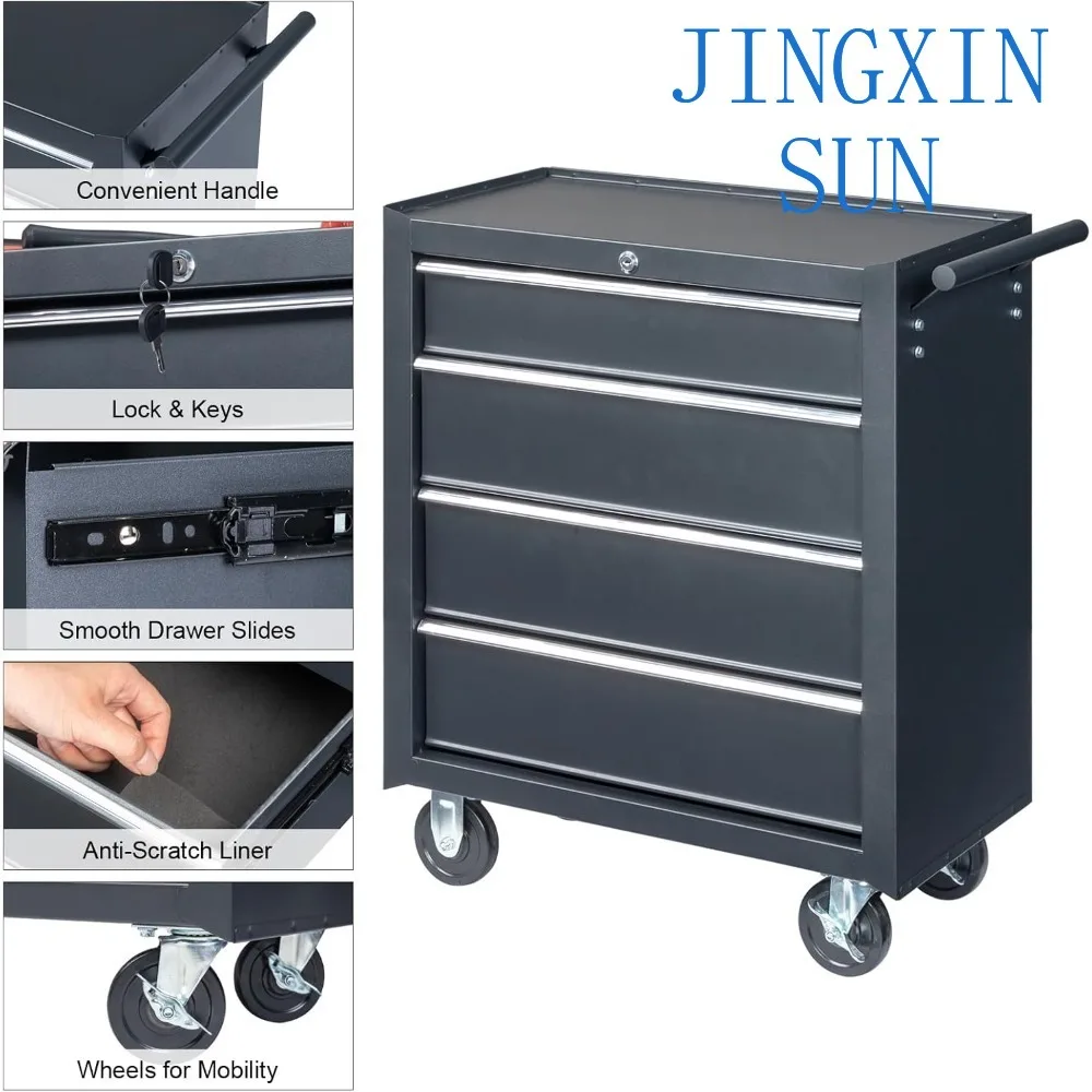 4-Drawer Heavy-Duty Rolling Tool Chest – Lockable with Keys, Sturdy Metal Storage Cabinet on Wheels, Portable Workshop Organizer