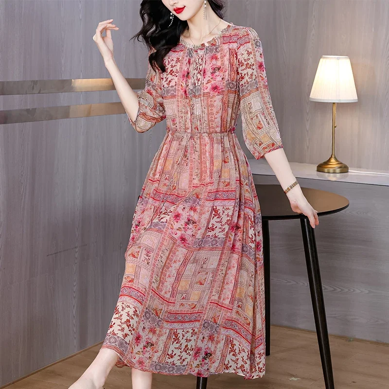 2025 여름 한국 우아한 럭셔리 축제 Vestidos 봄 꽃 실크 비치 맥시 Sundress 여성 Boho 패션 캐주얼 라이트 드레스