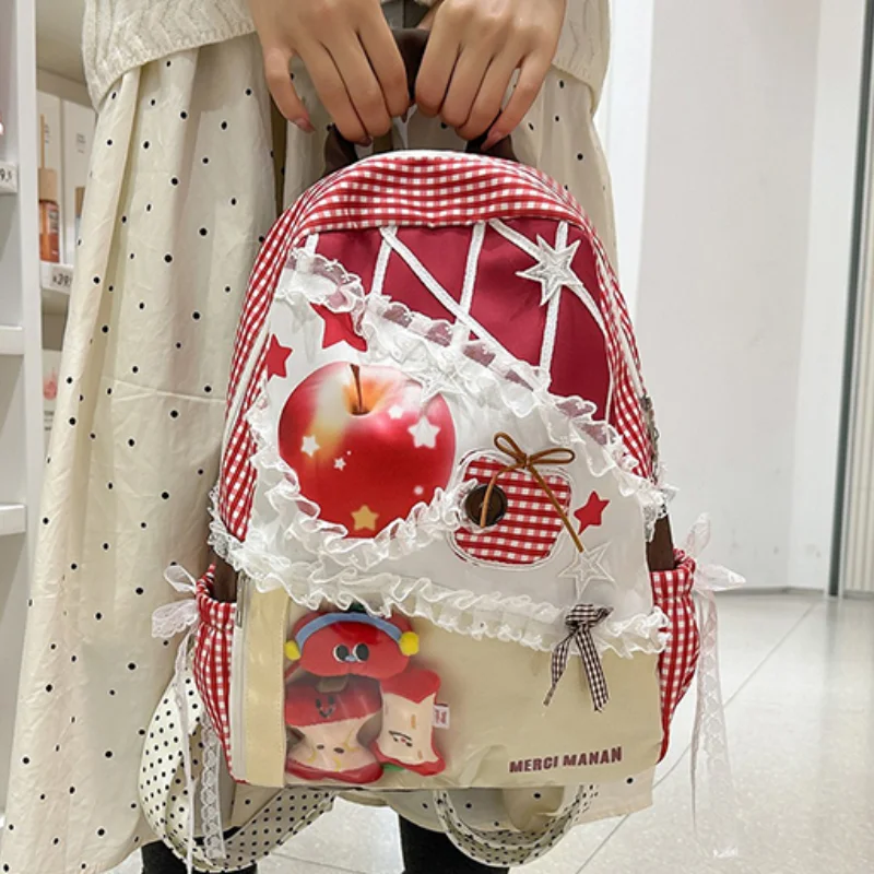 Women Fashion Cute Apple Backpack Lace Ruffle Plaid Decor Nylon Daypack Clear Display Pocket Large Capacity Casual School Bag