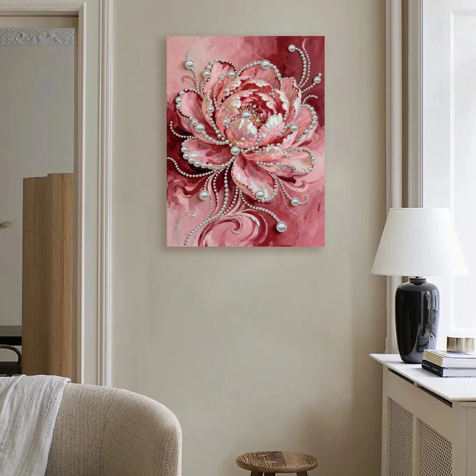 

Pink Flowers DIY Pearl Painting Kit for Adult Home Wall Decor With Frame 30x40cm