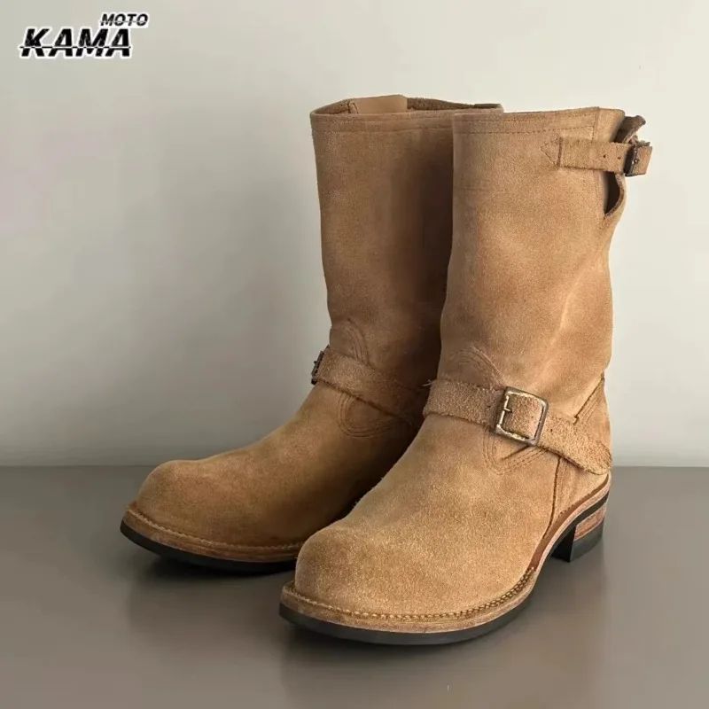 Handmade Vintage Velvet Khaki Black Work Boots Men's Mid-Calf Retro Thi Bot Belt Bule Motor Vehicle Engineering Boots