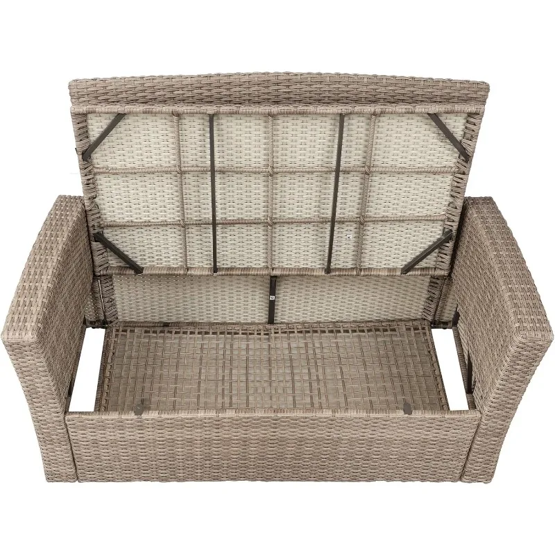 Rattan Terrassen möbel Set, Allwetter Outdoor Schnitts ofa Loves eat mit Fuß schemel, Kissen und Glas tisch mit Regal