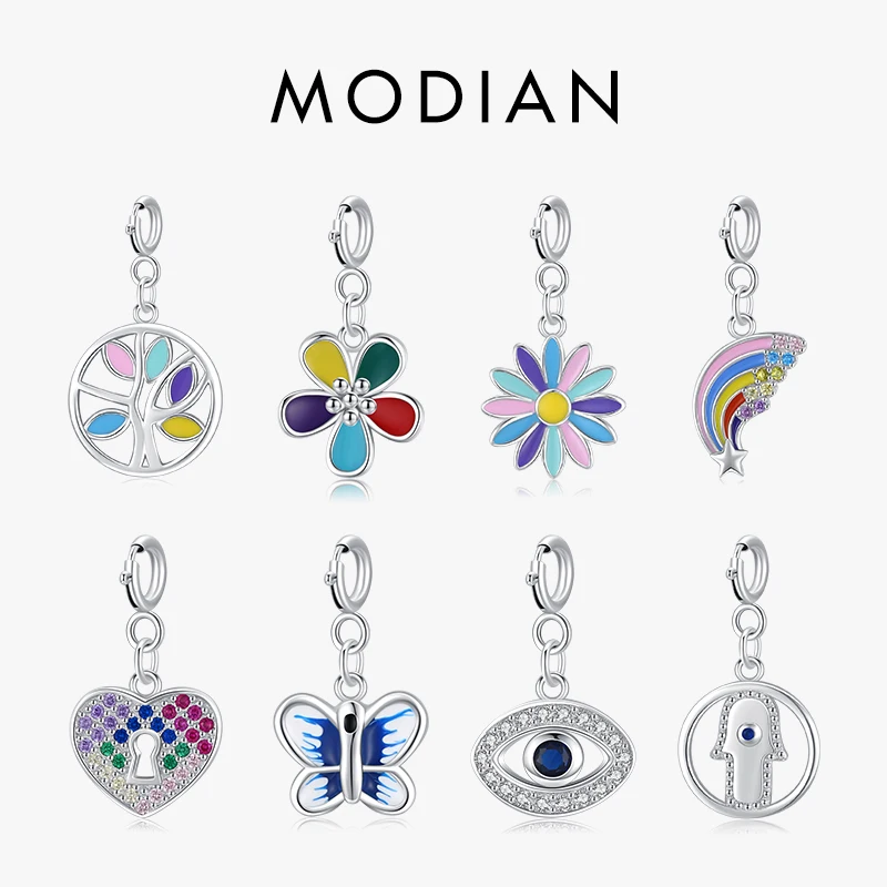 Modian 925 Sterling Silver Enamel Plant Hearts Rainbow Pendant Charm For Original Silver Make DIY Bracelet or Necklace Jewelry