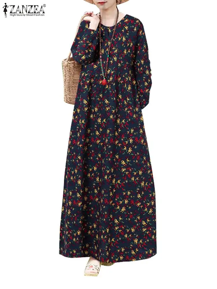 ZANZEA Long Sleeve Vintage Long Robes Casual Loose Elegant High Waist O neck Vestidos Floral Print Holiday Women Maxi Dress