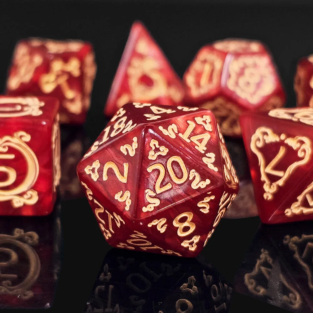 Ruby Red Dragon Crest Polyhedral Dice Set, 7-Piece Gold Ornate DND Dice for TTRPG, Fantasy Gaming & Collection RPG, Tabletop RPG