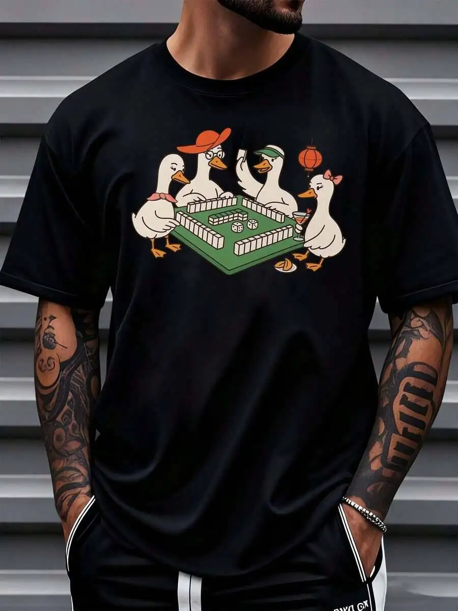 Funny Duck Mahjong Game T Shirt Men Women Tee Summer Holiday Cartoon Animal Lovers Graphic Top 100% Cotton Trendy Y2K